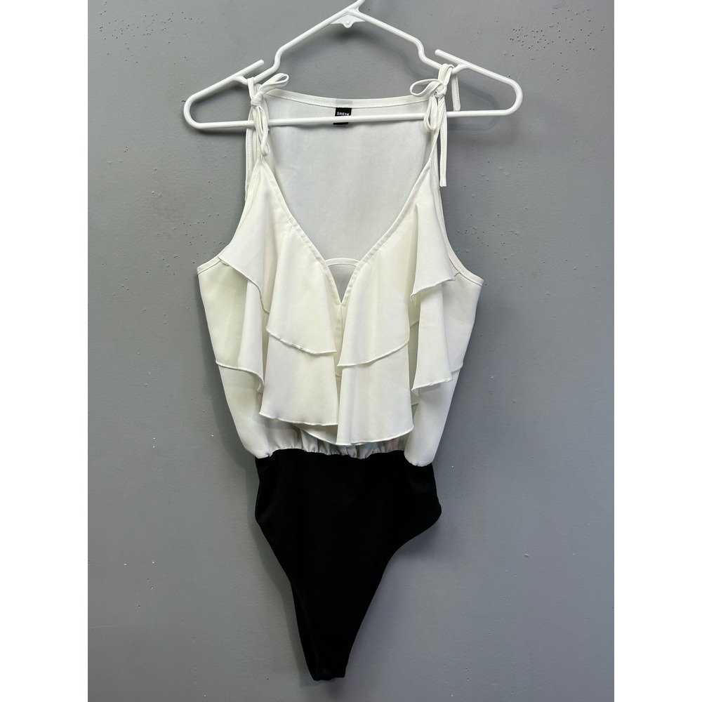 SHEIN Bodysuit Womens Medium White Black Ruffle V-Neck Tie-Shoulder Dressy Top